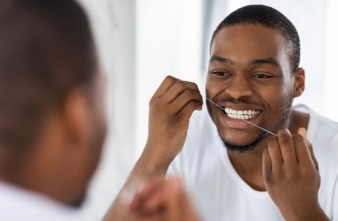 Man flossing teeth while smiling at mirror in bright bathroom setting.